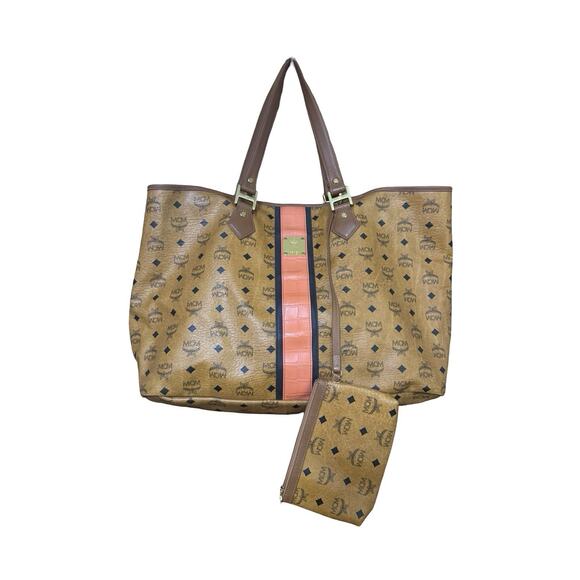 MCM Handbags - MCM Visetos Monogram Large Tote & Pouch EUC Limited Edition Orange Stripe